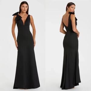 Mac Duggal Women 12 Black Gown 49454 V Neck Bow Detail Mermaid Dress Crepe Lined